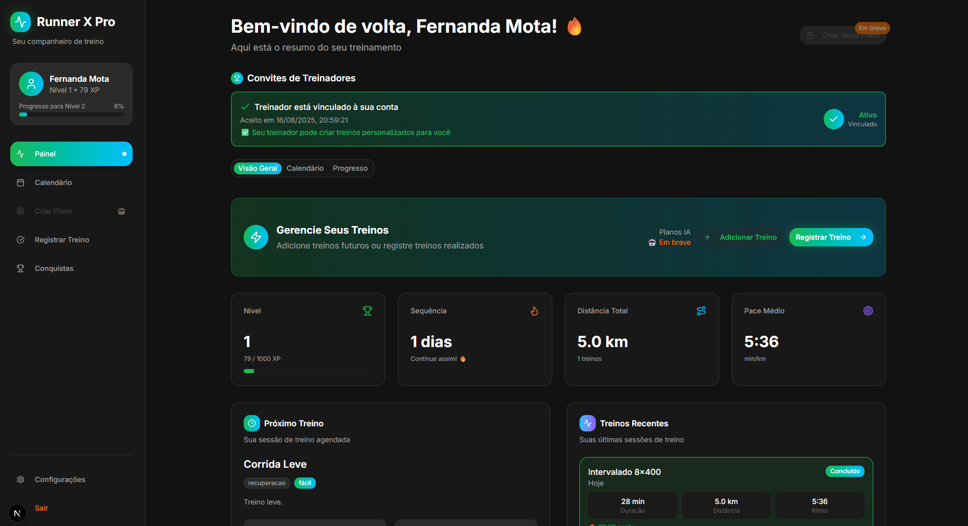 Dashboard do Atleta - Runner X Pro